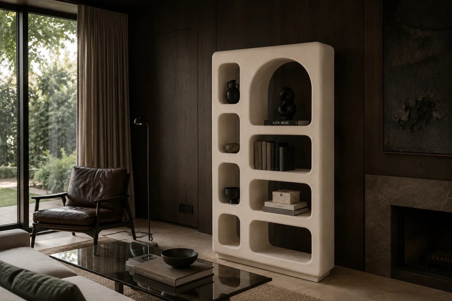 Cabinet Mura vertical dans un salon moderniste sombre.