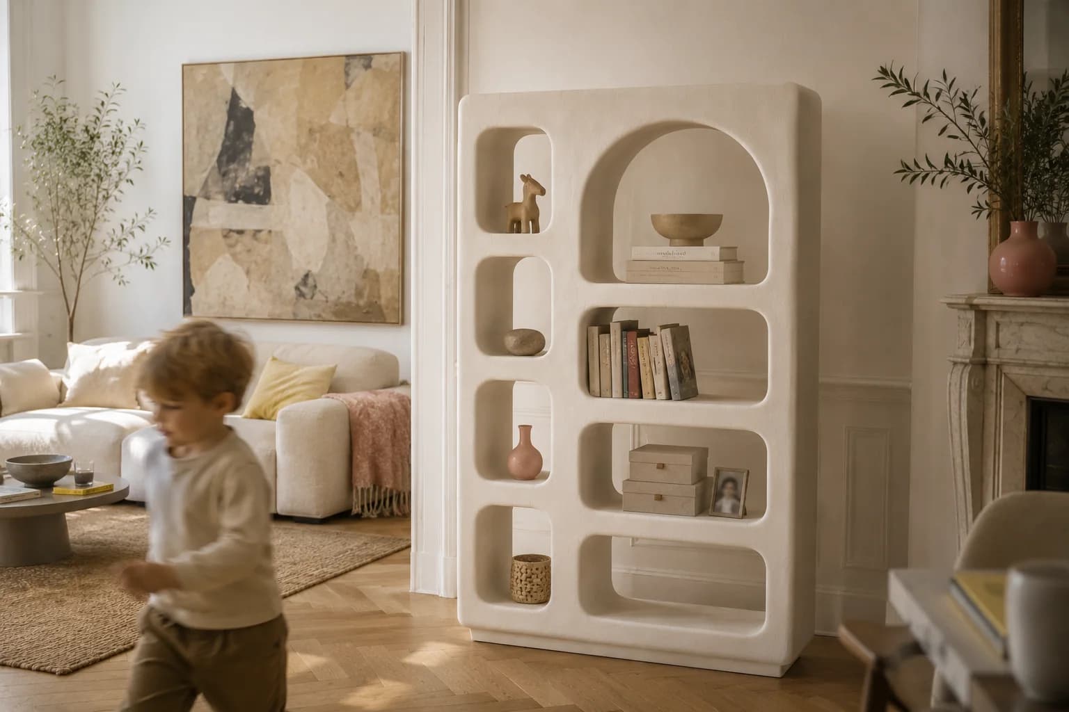 Cabinet Mura vertical dans un salon familial contemporain.