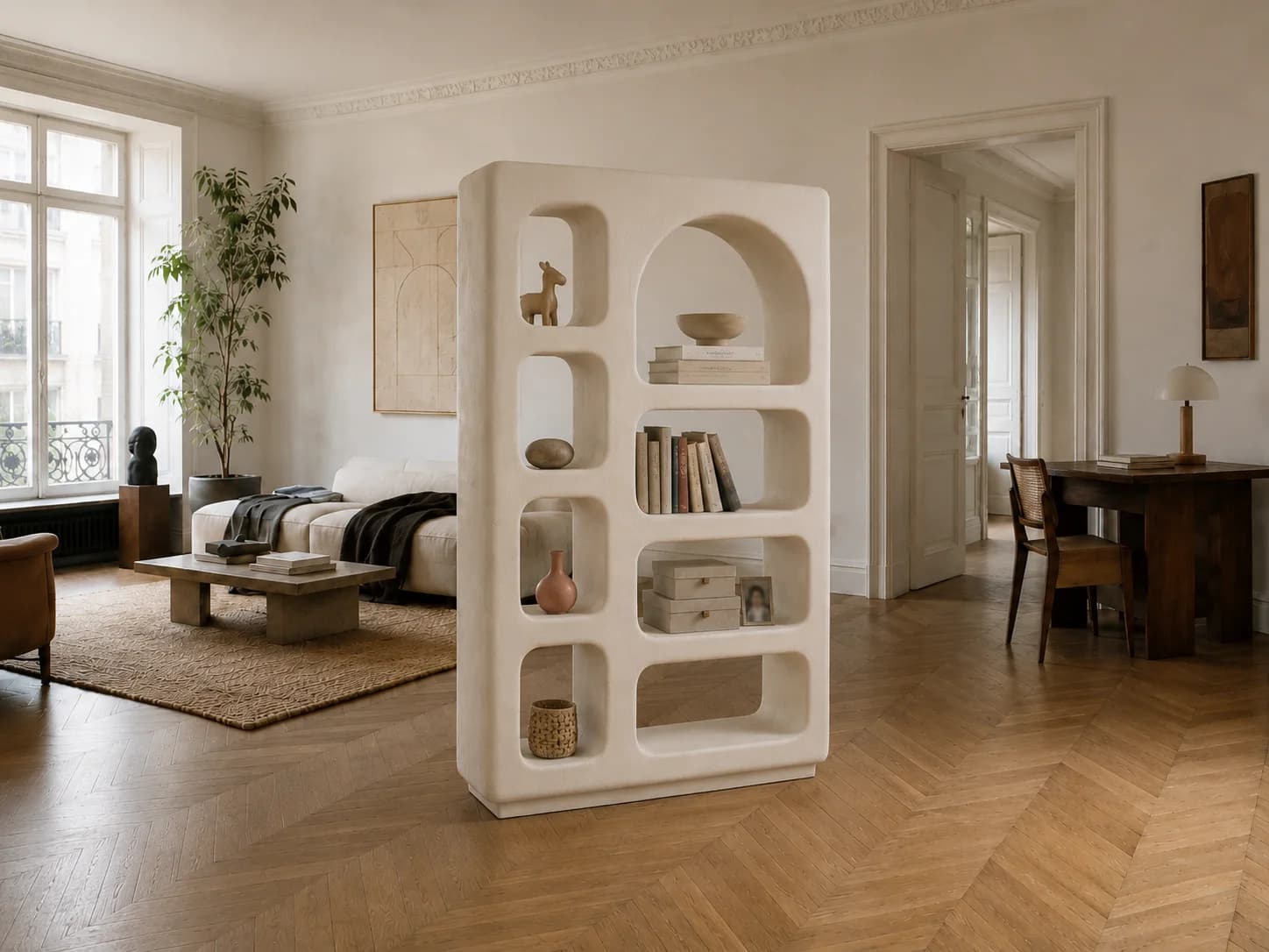 Cabinet Mura vertical dans un intérieur patrimonial lumineux.