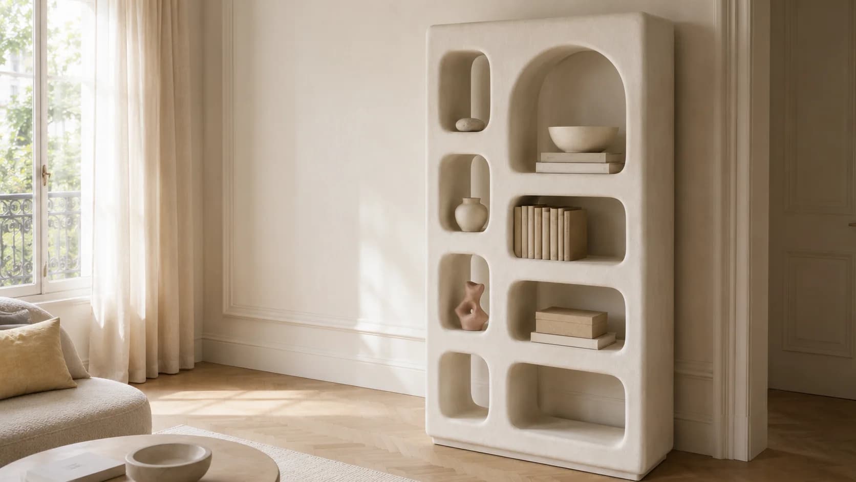 Cabinet Mura vertical dans un intérieur calme, lumineux et premium.